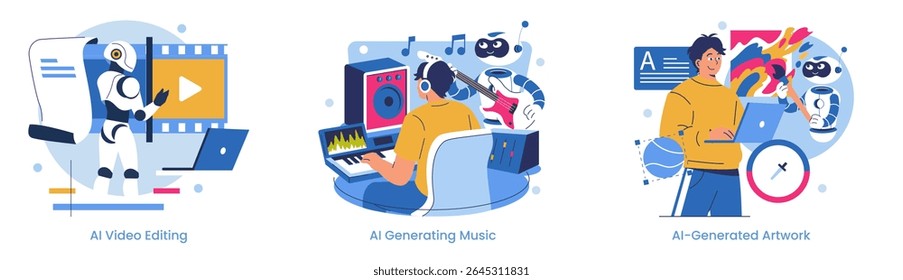 Ilustração vetorial de processos criativos assistidos por IA, incluindo edição de vídeo, geração de música e criação de arte. Os robôs colaboram com humanos em tarefas de mídia digital.