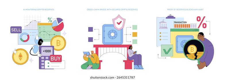 Ilustração vetorial do monitoramento de criptomoedas orientado por IA com gráficos, transações e elementos de segurança para garantir transparência e gerenciamento seguro de ativos digitais.