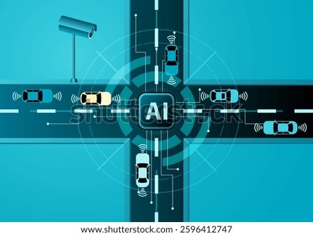 Vector illustration of an AI-driven smart traffic system with autonomous cars, wireless signals, and a central AI hub. Represents self-driving technology, smart cities, and automated traffic control