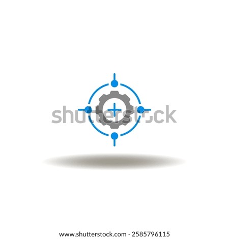 Vector illustration of aim with gear wheel and plus sign. Symbol of calibration.