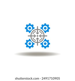 Vector illustration of aim and gear wheels mechanism. Icon of scope of work. Symbol of goals management achievement.