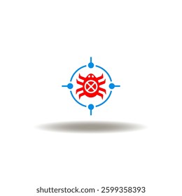 Vector illustration of aim on bug with cross mark. Symbol of digital threats. Icon of no virus.