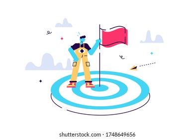 Vector illustration aimed at a goal, increase motivation, a way to achieve a goal, a businessman in the center with a flag. Flat style modern design vector illustration for web page, cards, poster