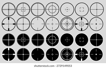 vector illustration of Aiming bullseye or aim or target. Precision aim icon set.for shooting, archery, gaming,design, training, and accuracy concepts.flat, line, outline, silhouette