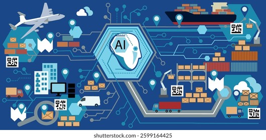 Vector illustration of AI-powered transport logistics integrating water, air and road transport. Smart and autonomous transport optimizes routes, reduces costs and improves supply chain efficiency