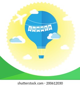 Vector illustration of air balloon flying at yellow summer sky