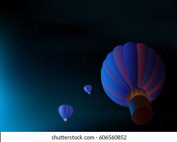 Vector illustration as an air balloon flying under a cold dark blue sky with stars.