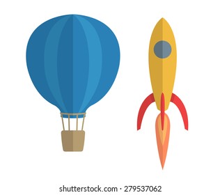 Vector illustration of air balloon and rocket, progress concept 