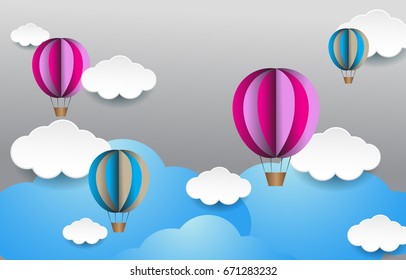 Vector illustration of air balloon in the sky with clouds, paper art design. Vector design for background, greeting card and invitation card.