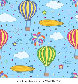 Vector illustration of  air balloons and airships on the blue sky