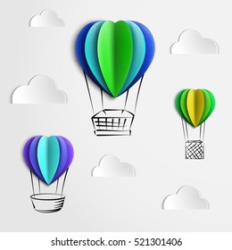 Vector illustration of air balloons in the shape of a heart and clouds. Realistic.