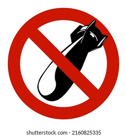 Vector illustration of an air bomb in a red crossed out circle. Poster, sticker against war. Isolated on a white background.