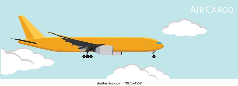 Vector illustration air cargo plane flying in the sky. Air freight delivery. Worldwide shipping