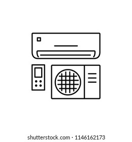 Vector illustration of air conditioner. Split system with remote control panel. Line icon of heat regulation appliance. Climate equipment for home & office. Isolated object on white background.
