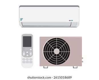 Vector illustration of air conditioner unit with remote and outdoor compressor