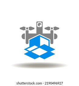 Vector illustration of air drone with open packaging box. Icon of automation goods delivery drone. Symbol of smart modern parcel air delivery service.
