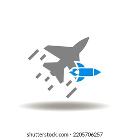 Vector Illustration Of Air Fighter With High Precision Projectile Rocket. Icon Of Military Bomber Fast Strike. Symbol Of Deadly Rocket Strike.