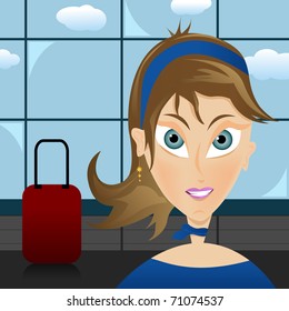 Vector illustration of an air hostess in front of the airport.