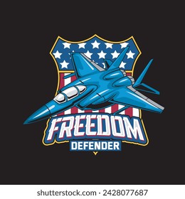 Ilustración vectorial Air Jet desde la vista lateral con FREEDOM DEVENDER texto Esport Logo