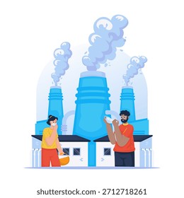 Ilustração vetorial da poluição do ar causada por chaminés de fábricas, atividades industriais prejudiciais ao meio ambiente, as pessoas usam máscaras para se proteger do ar poluído.