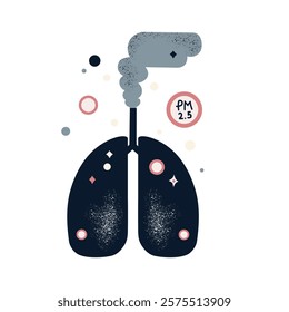 Vector illustration of air pollution. Damaged lungs isolated on white background. High PM2.5 levels warning. Unhealthy air sign.