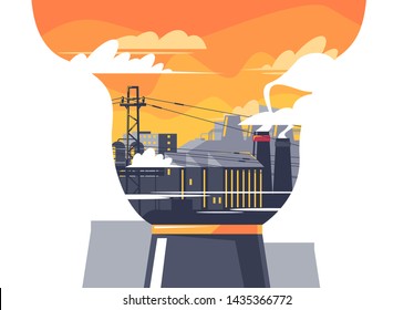 Vector illustration of air pollution industry, production emit gases into the air, the pattern of factory buildings on the background of smoke coming from the pipe