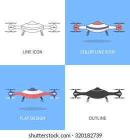 Vector illustration of air RC drone in four different styles: line icon, color lone icon, flat design, black outline. Aerial unmanned vehicle. 