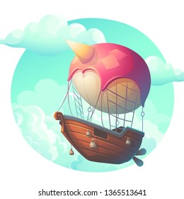 Vector illustration air ship in the clouds. Bright background image to create original video or web games, graphic design, screen savers.