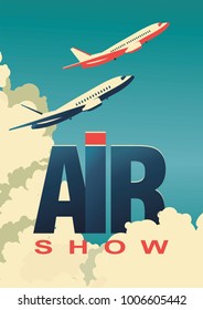 vector illustration Air show airplanes flying in clouds Vintage flyer airplane.