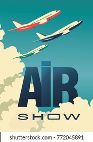 vector illustration Air show airplanes flying in clouds Vintage flyer airplane.