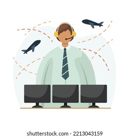 Vector illustration of an air traffic controller with a headset on his head in front of monitors. Profession. Line art