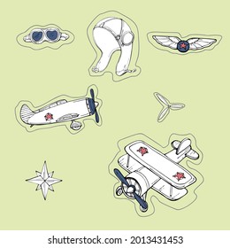 vector illustration air transport set-airplane,retro biplane,propeller,old vintage helmet of the pilot,sticker
