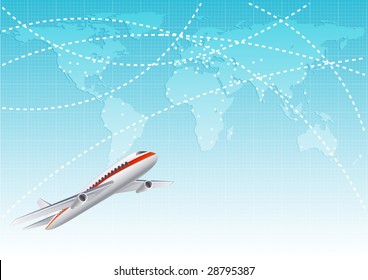 Vector illustration - aircraft  at the blue world map