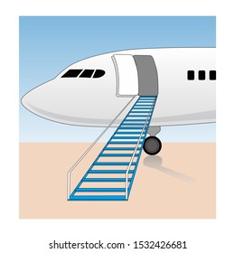 vector illustration of an aircraft close up, visible doors open and there is a ladder, for passengers to board the plane. in detail and realistic. With a white background, isolated.