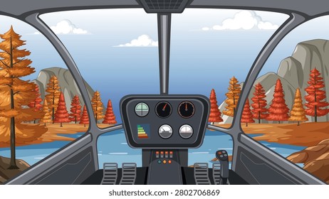 Vector illustration of aircraft dashboard overlooking fall trees, mountains, and river from pilot perspective.