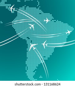 Vector illustration of aircraft flying over South America showing their flight paths conceptual of travel and tourism. Jpeg (bitmap) version also available in gallery