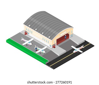 A vector illustration of an aircraft hangar with mechanics.
Isometric Commercial aircraft hangar icon illustration.
Mechanics inspecting planes before take off.