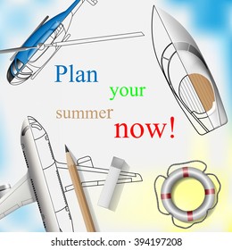 Vector illustration of the aircraft, helicopter, boat, life buoy