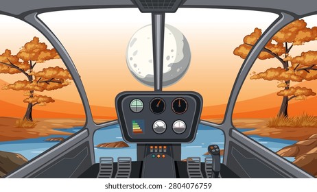 Vector illustration of aircraft instrument panel overlooking fall trees and full moon at dusk.