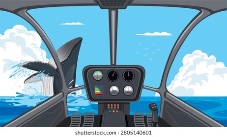 Vector illustration of aircraft interior dashboard overlooking marine life jumping from blue sea water.