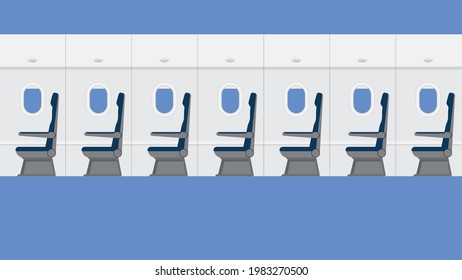 Vector illustration of Aircraft interior with windows and passenger seats. Jet Airplane cabin inside transport and travel with empty chairs. Flat background template design minimal flat design style.