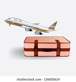 Vector illustration of the aircraft and a suitcase on a white background