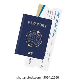 Vector illustration airline boarding pass ticket in blue passport. Passport and boarding pass isolated on white background. Travel concept. 