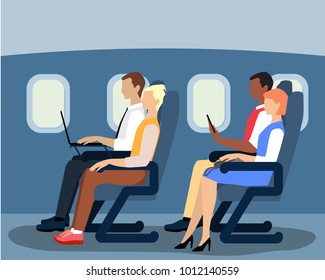 Vector illustration of airline passengers on the plane. Flat style design.