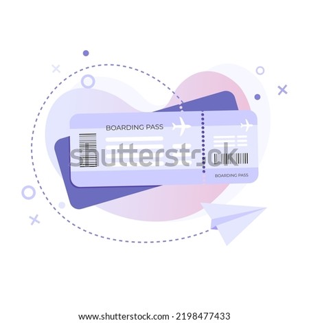 Vector illustration of airline ticket. Boarding pass in flat style on abstract gradient background with paper airplane. Travel, airplane booking, planning a vacation and tourism concept.