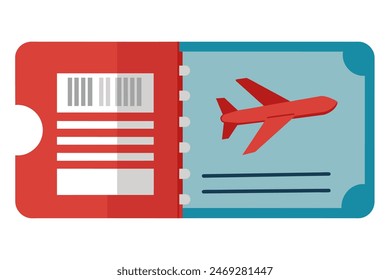 Vector illustration of an airline ticket design with a red airplane icon and barcode