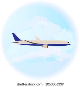 Vector illustration of an airliner on a light blue sky and clouds background. Side view of a passenger jet. Flat style. Ideal for catalogs, information and travel guides.
