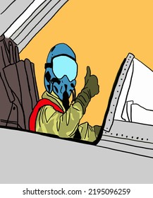 Vektorgrafik des Fliegers. Flyboy für Poster, Comics, Postkarten auf gelbem Hintergrund. Militärflugzeuge am Himmel.