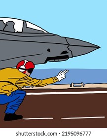 Vector illustration of airman. Flyboy for poster, comics, postcards on yellow background. Military aircraft in the sky.