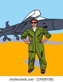 Ilustración vectorial de airman. Flyboy para afiches, cómics, postales con fondo amarillo. Avión militar en el cielo.